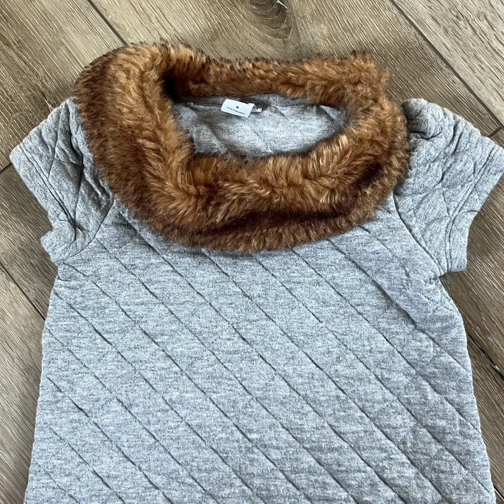 Janie & Jack Riding Lesson Faux Fur Collar Gray Quilted Shift Dress Girls Size 4